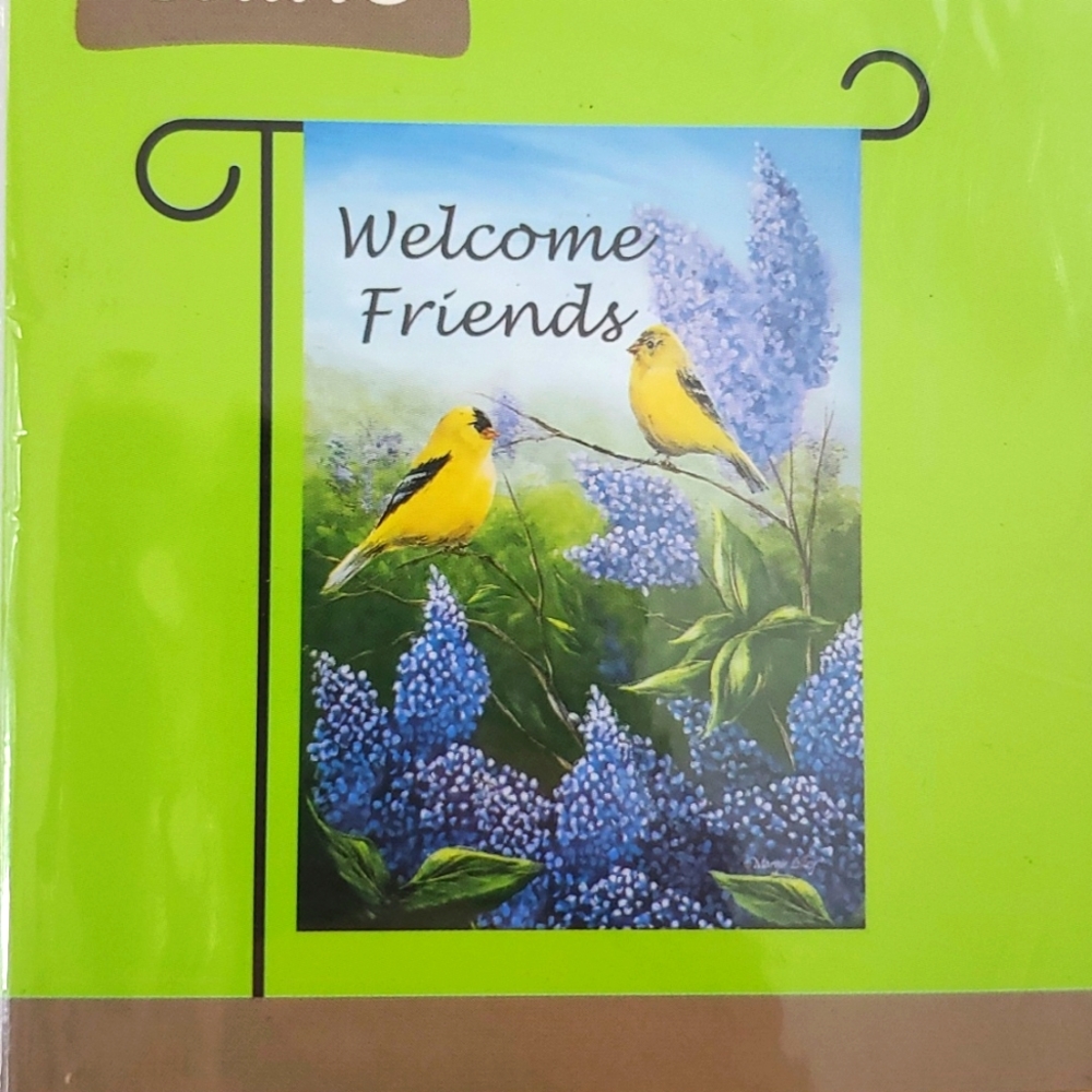 Rain or Shine Welcome small garden flag 12.5" x 18" with yellow birds